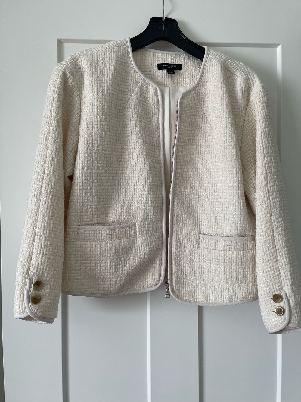 Ann Taylor Cream Collarless Textured Zip Jacket